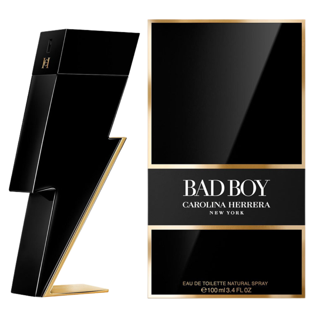 Black and gold lightning bolt-shaped bottle with matching box of Bad Boy EDT fragrance by Carolina Herrera.