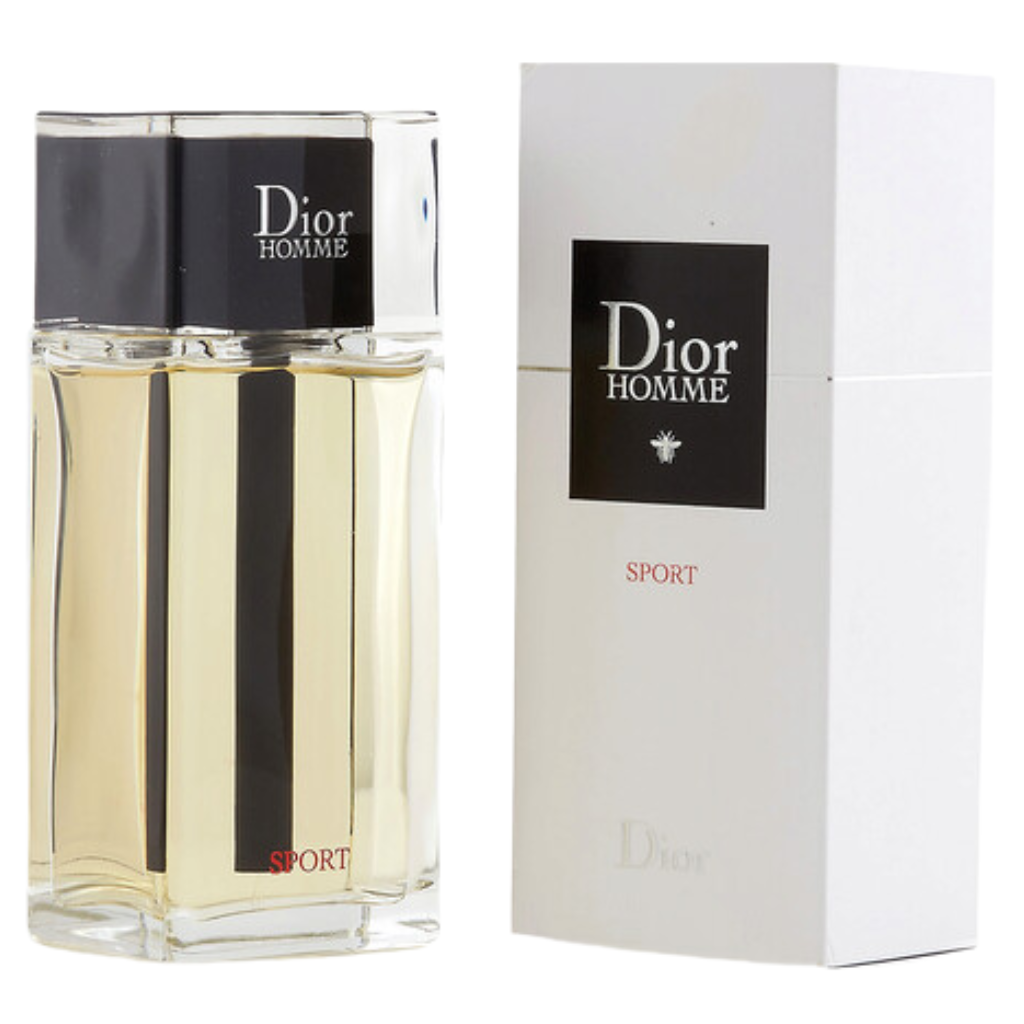 Dior Homme Sport EDT bottle with light amber liquid and matching white and black branded packaging box