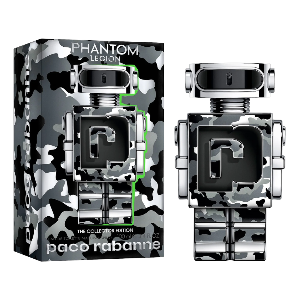 Phantom Legion EDT perfume with camo robot-shaped bottle and matching boxed packaging by Paco Rabanne.