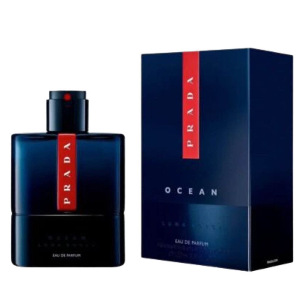 Luna Rossa Ocean EDP bottle and box in dark blue with red Prada logo, luxury designer fragrance packaging.