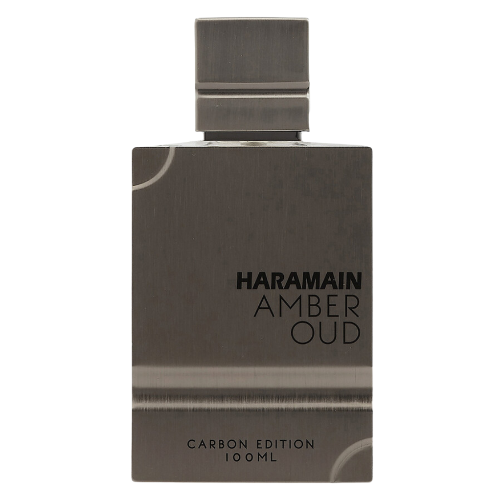 Sleek dark metal bottle of Amber Oud Carbon EDP with minimalist design and bold black lettering on front face