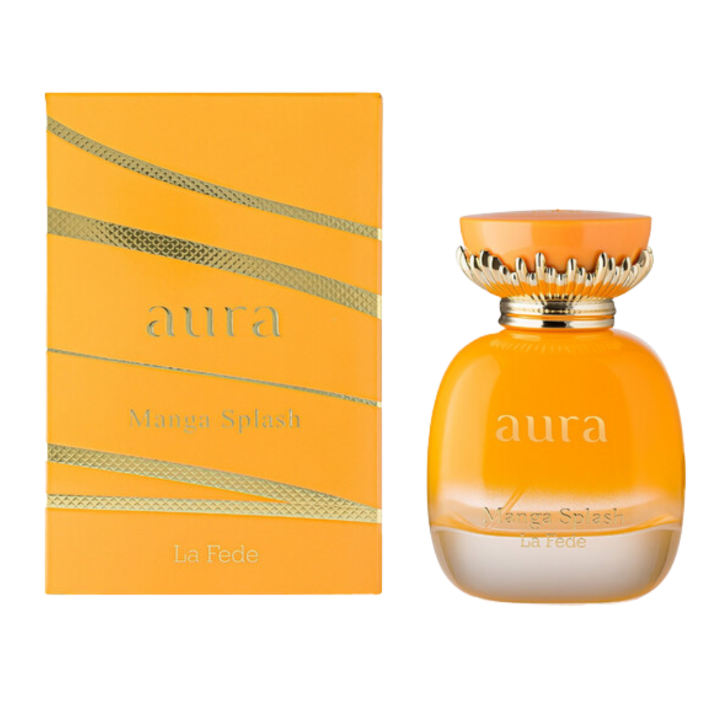 La Fede Aura Manga Splash EDP perfume bottle and bright orange packaging with gold accents displayed side by side
