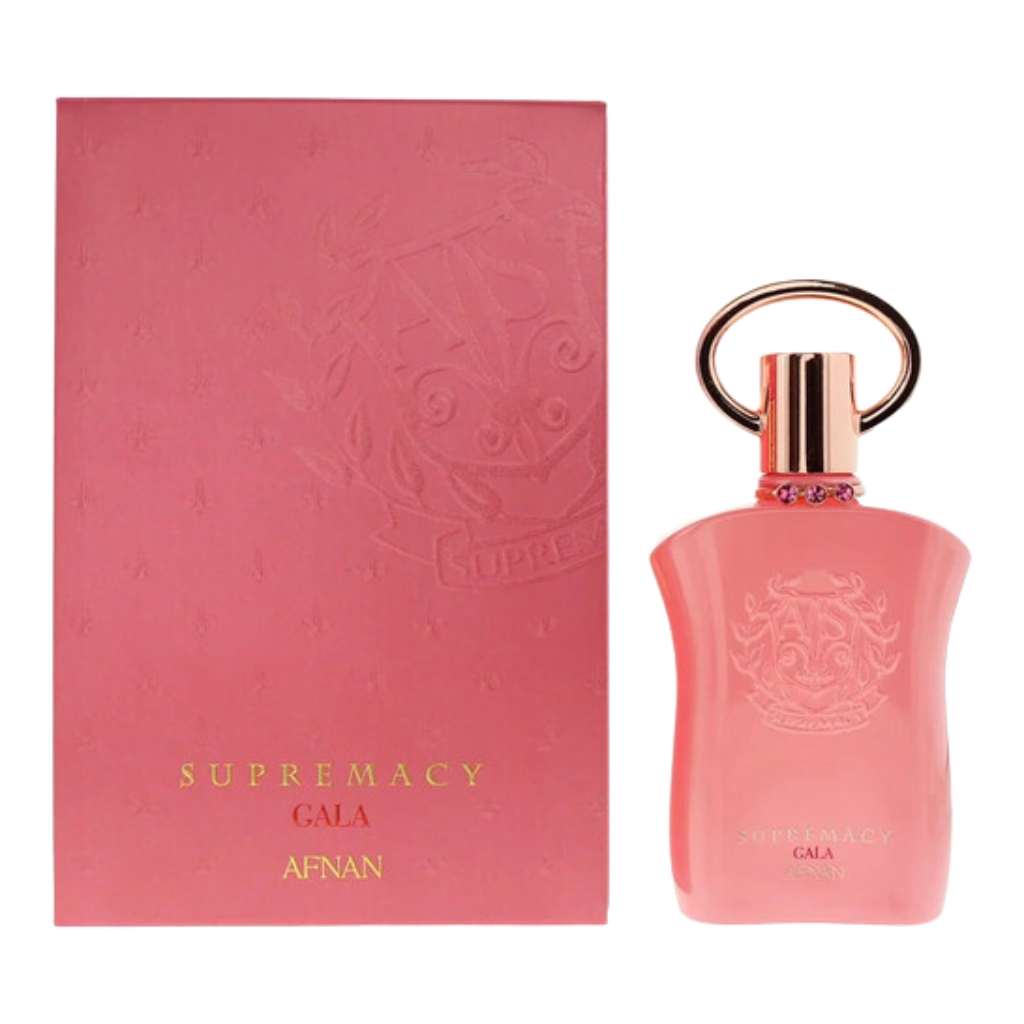 Supremacy Gala EDP pink bottle with gold cap next to matching embossed pink box for luxury fragrance gift set