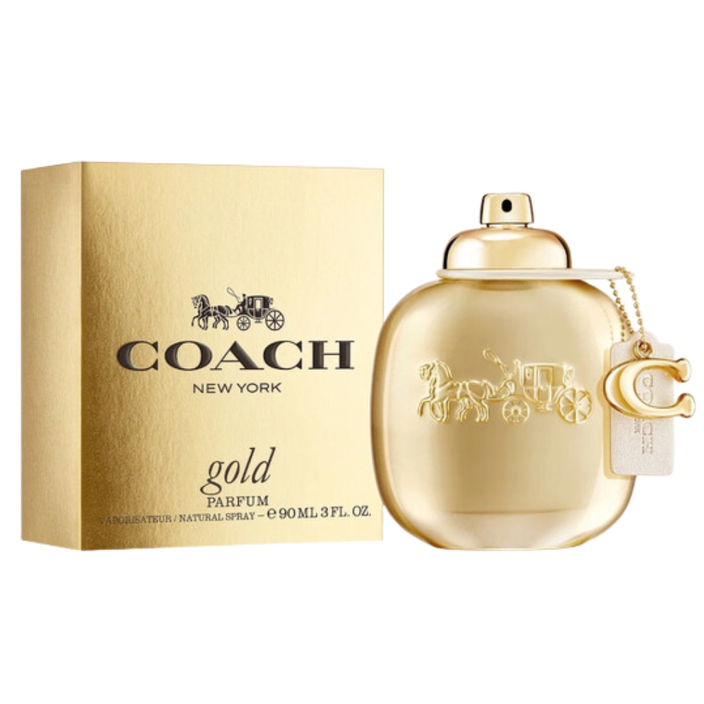 Coach Gold Parfum bottle with matching gold box featuring elegant horse and carriage logo on white background