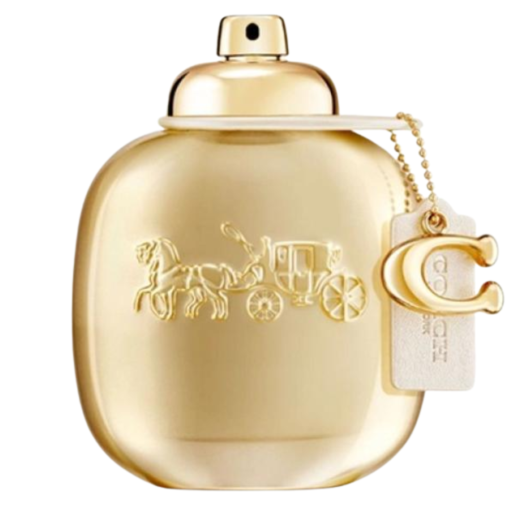 Gold Parfum bottle with a shiny gold finish, embossed horse carriage design, and attached charm pendant
