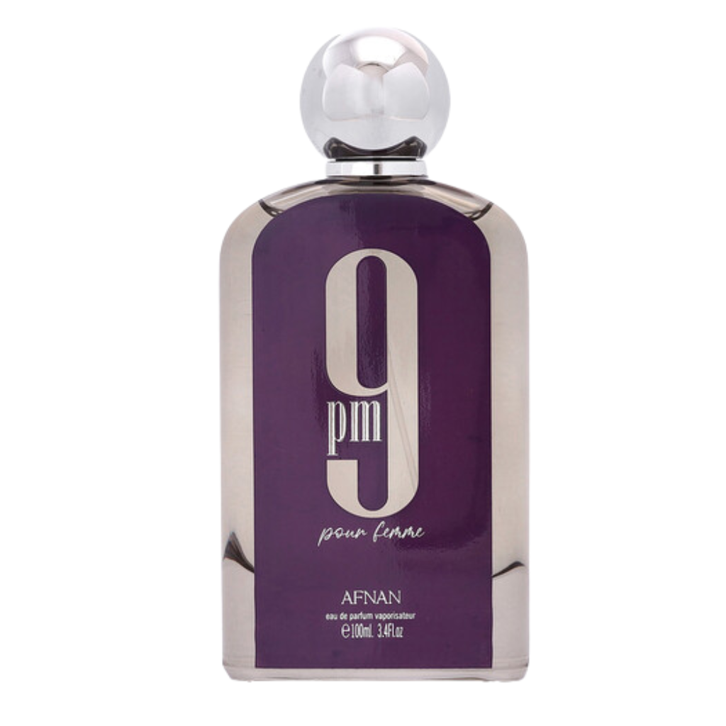 Elegant glass perfume bottle with purple label and silver cap showcasing 9PM Pour Femme EDP fragrance design