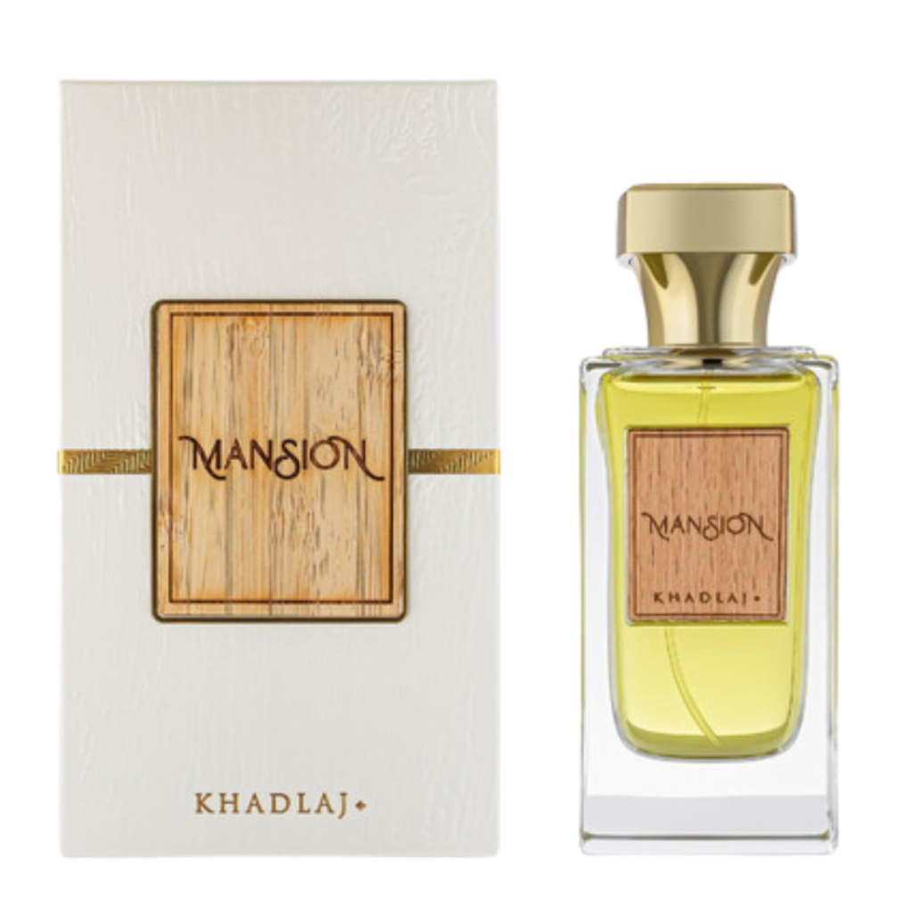 Mansion EDP perfume bottle with gold cap and wooden label beside white textured box with matching wooden design