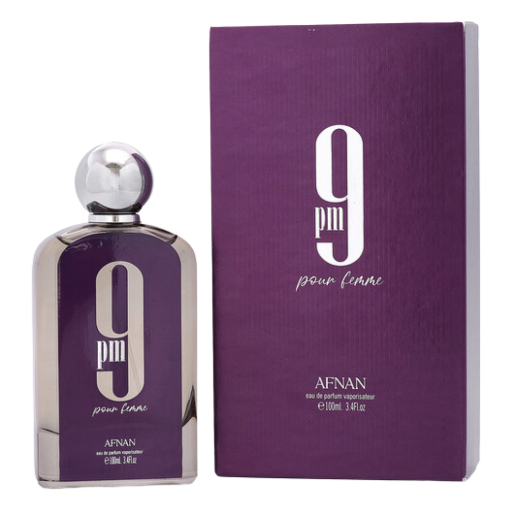 9PM Pour Femme EDP perfume bottle and purple packaging box by Afnan displayed on white background