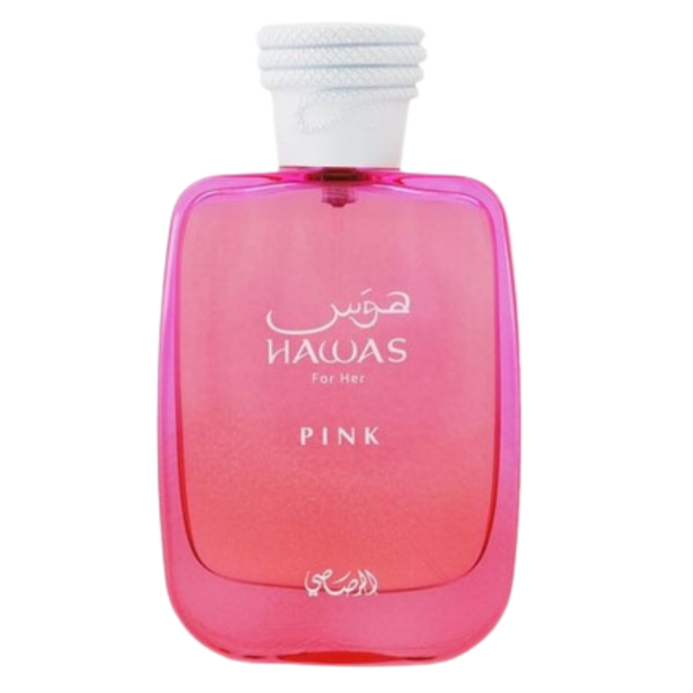 Hawas Pink EDP perfume bottle in pink glass with white cap, elegant and feminine fragrance design