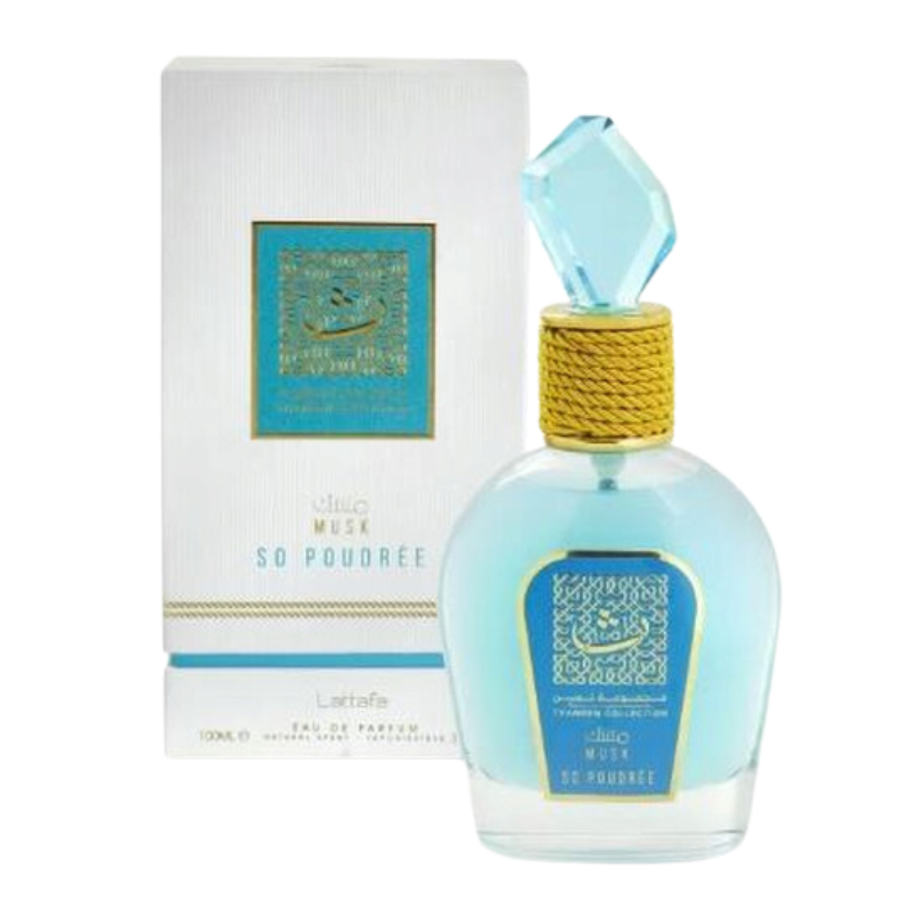 Musk So Poudree EDP perfume bottle with blue cap and gold neck, beside white and blue decorative box packaging.