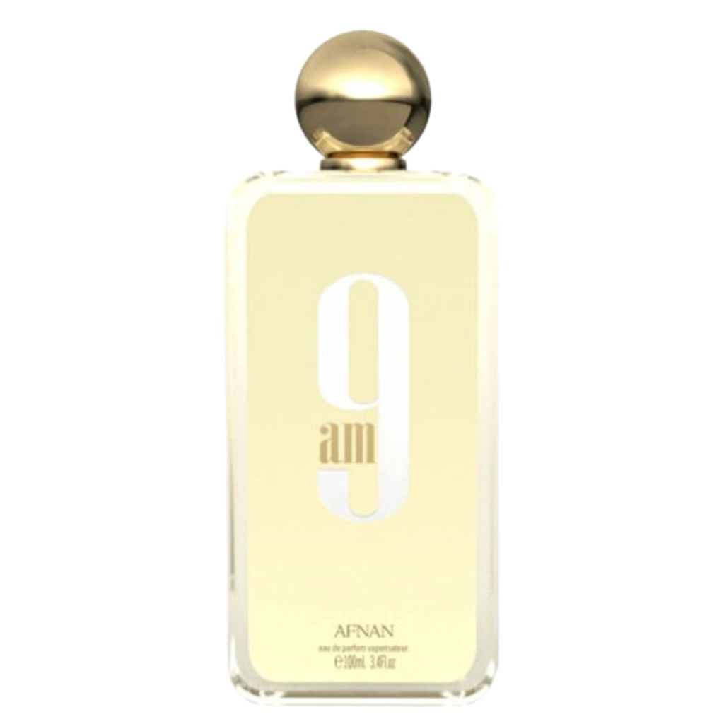 9AM EDP perfume bottle with gold cap and minimalist cream label for niche fragrances and authentic perfume samples