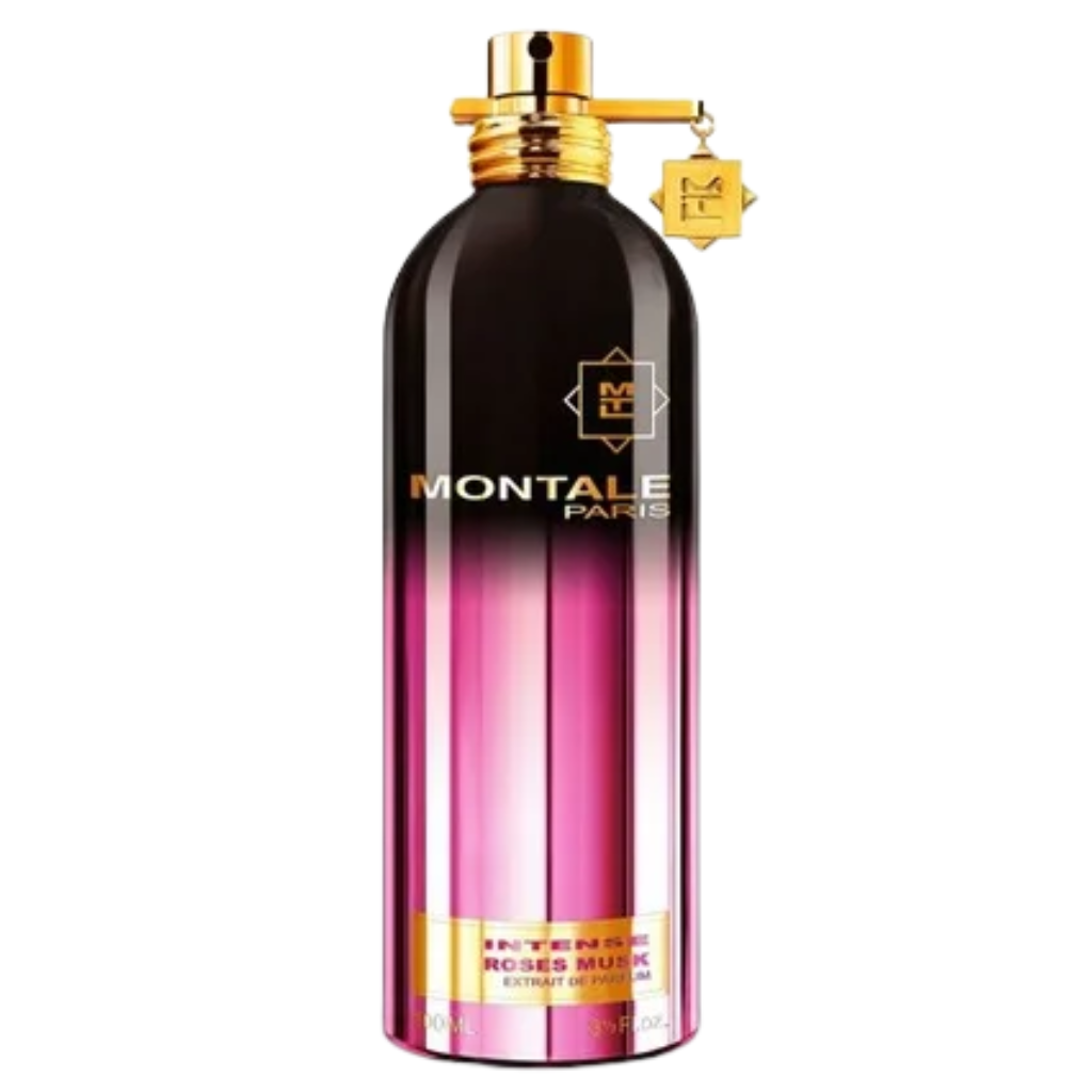 Montale Paris Intense Roses Musk Extrait perfume bottle with pink and black gradient and gold spray top