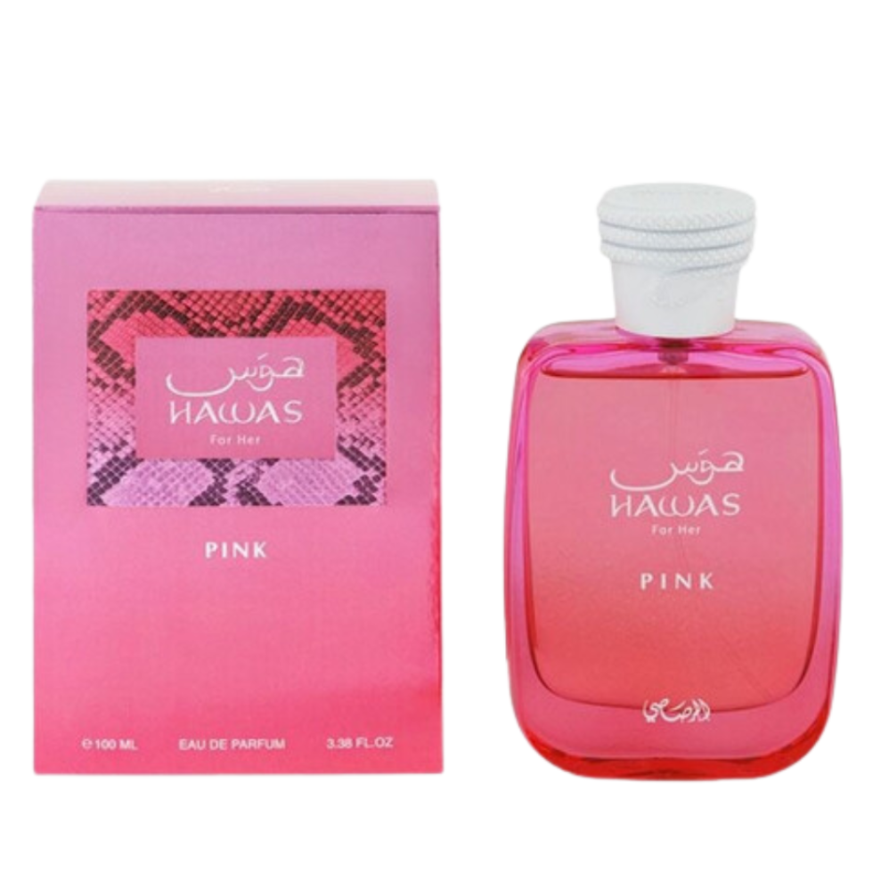 Hawas Pink EDP perfume bottle and packaging in shades of pink, an elegant fragrance for women.