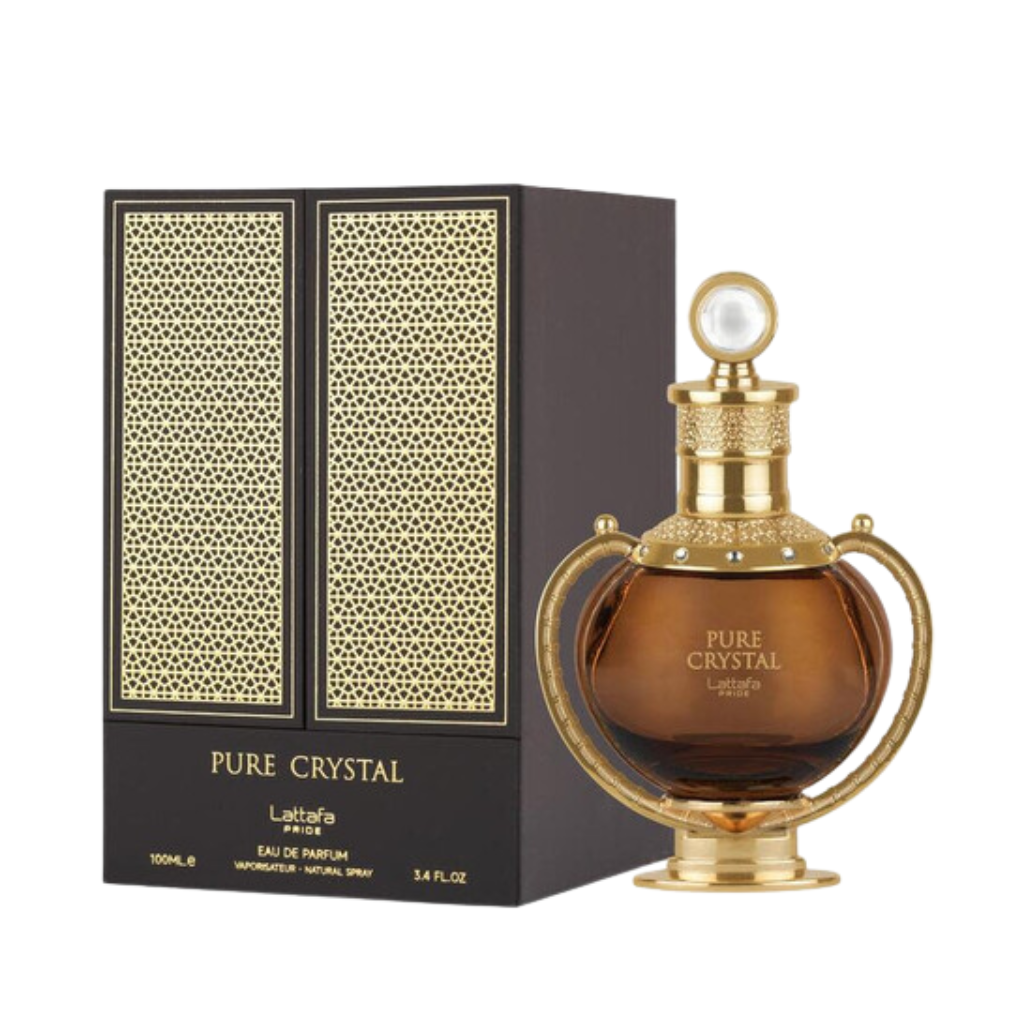 Elegant Pure Crystal EDP bottle with gold detailing beside luxurious black and gold decorative box packaging