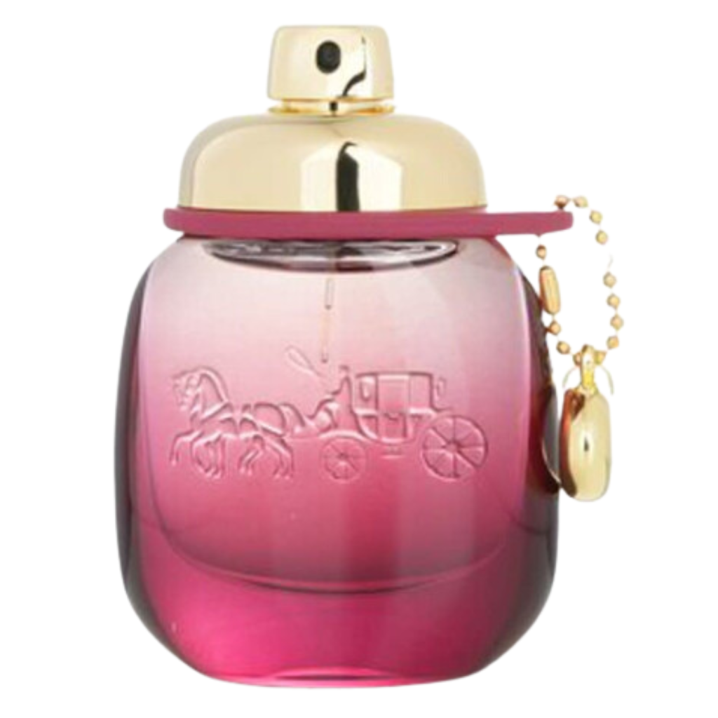 Wild Rose EDP perfume bottle with pink gradient glass and gold cap featuring horse and carriage design