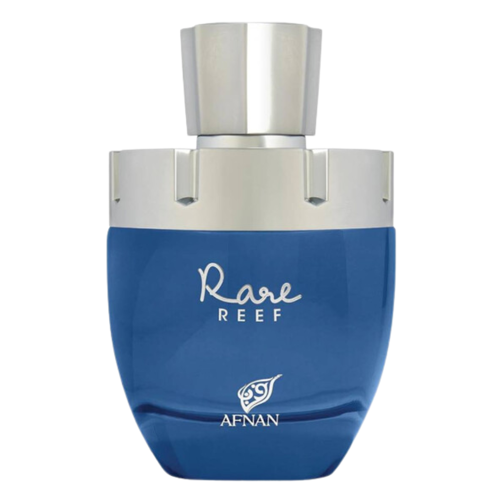 Rare Reef EDP fragrance bottle with blue glass and silver cap showcasing elegant sleek design