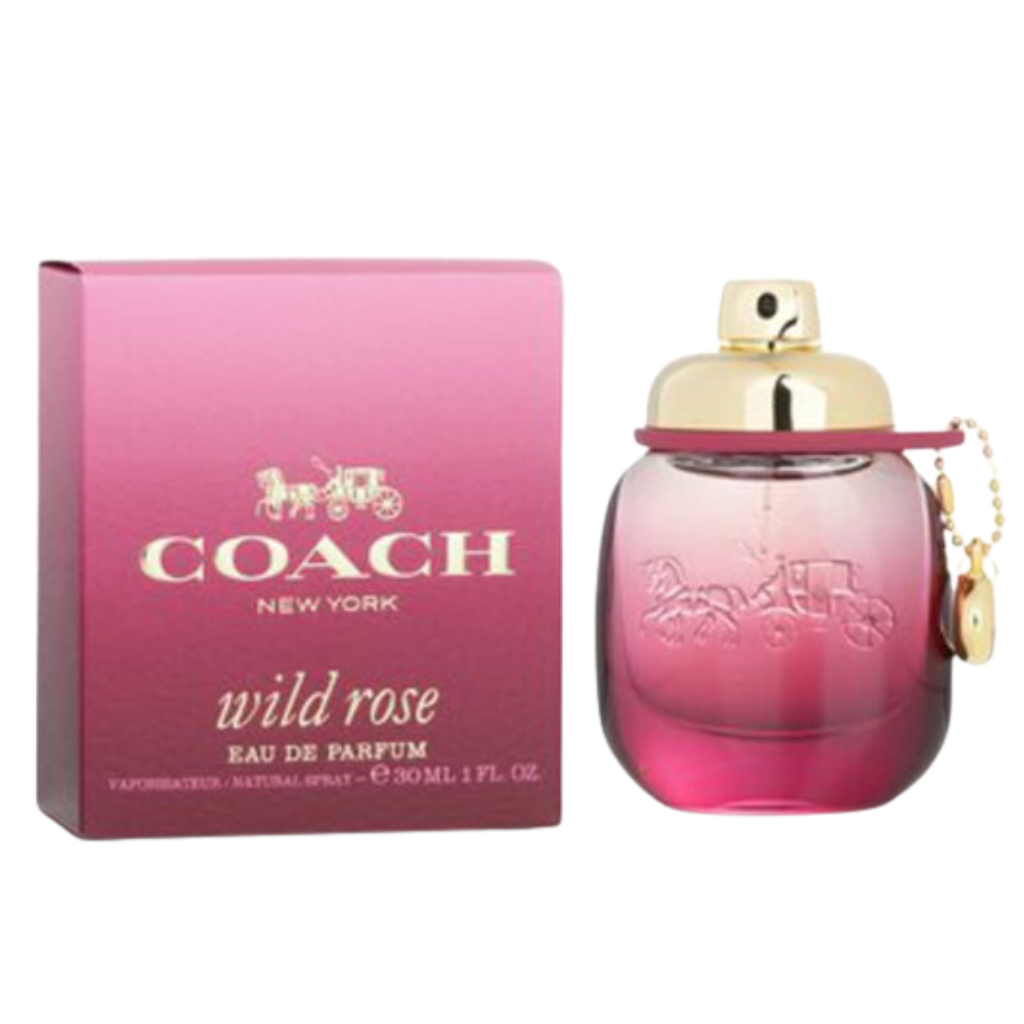 Coach Wild Rose EDP perfume bottle and box in pink gradient with gold cap and horse carriage logo visible