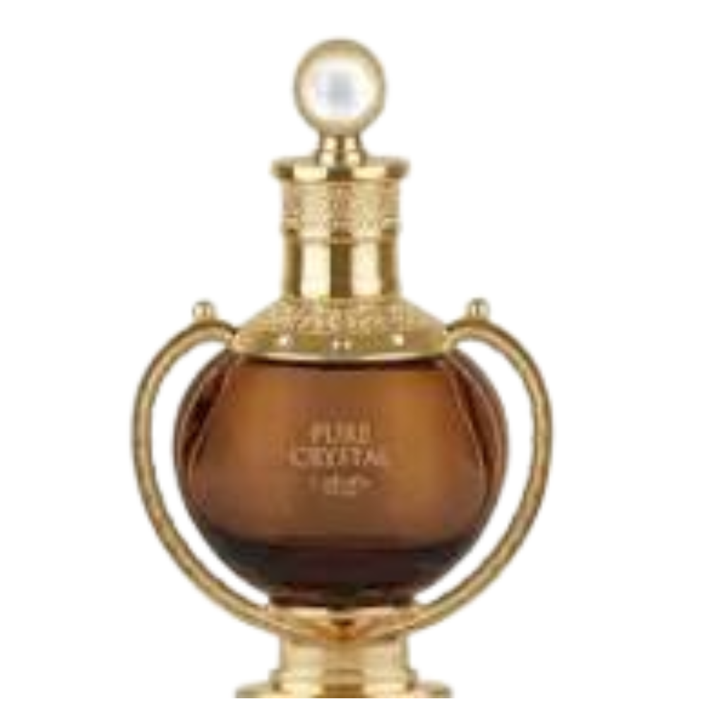 Pure Crystal EDP in an ornate amber and gold decorative bottle with a pearl-like stopper on top