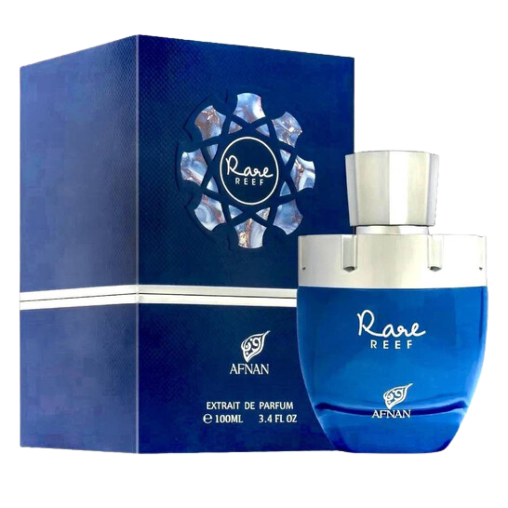 Blue glass bottle and matching box of Rare Reef EDP perfume by Afnan with silver accents and logo design