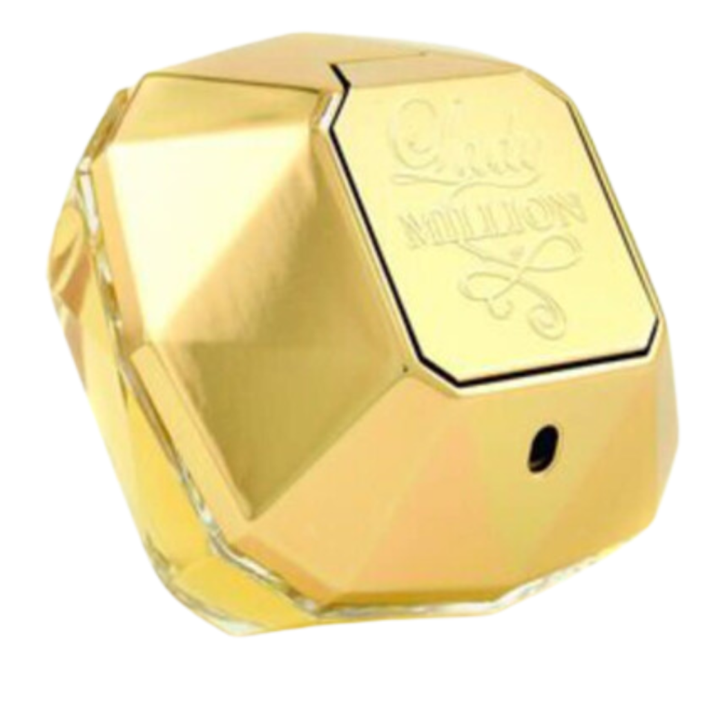 Close-up of a gold multifaceted bottle of Lady Million EDP luxury fragrance perfume by Arvella Fragrance