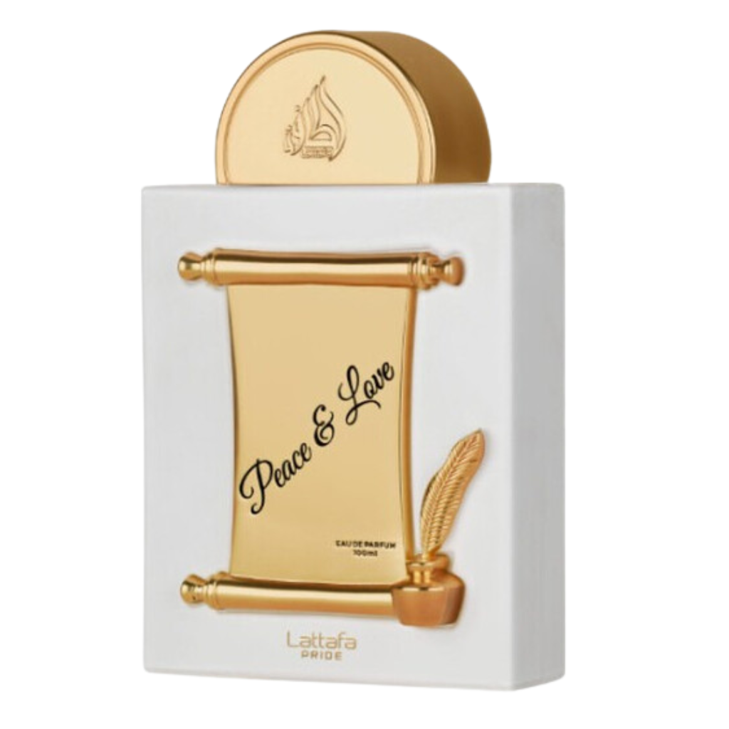 Elegant perfume bottle with gold scroll design and quill, labeled Pride Peace & Love EDP for a refined fragrance experience