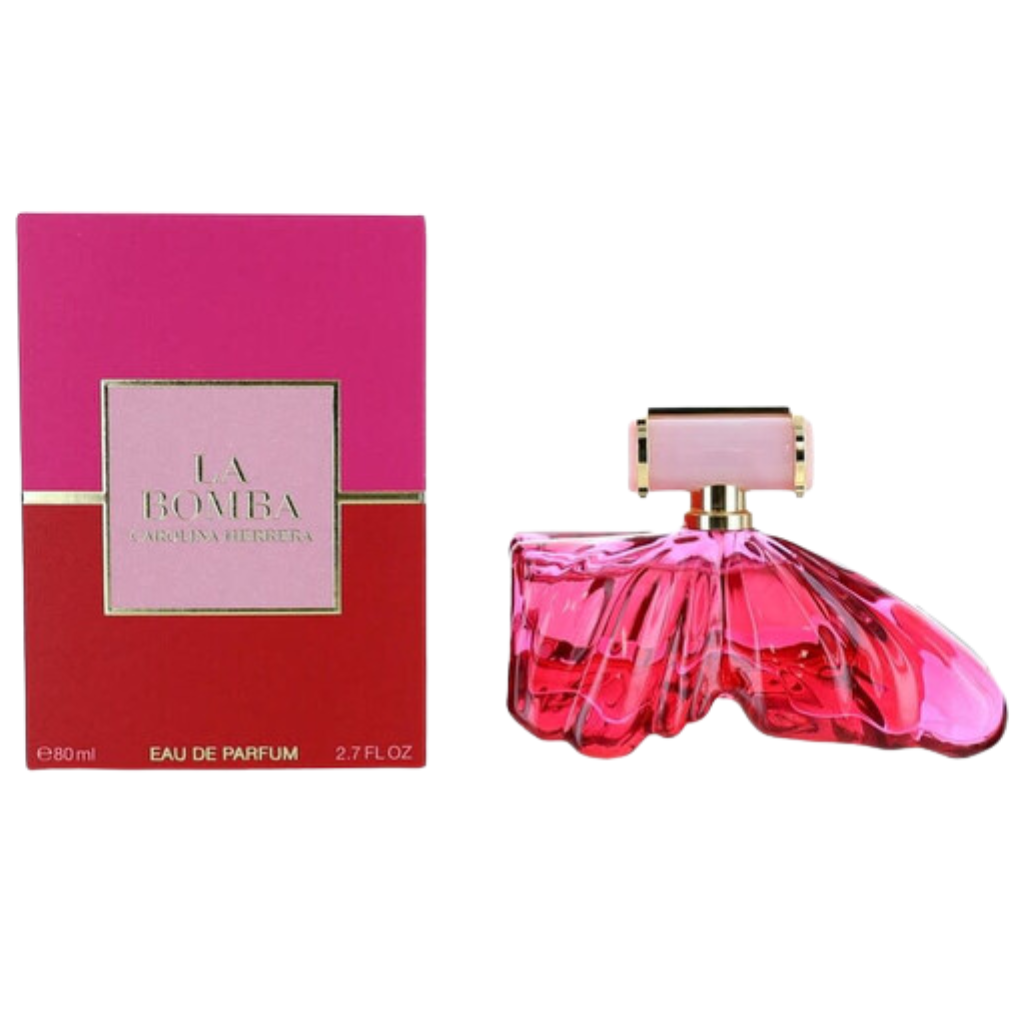 La Bomba EDP perfume bottle with pink and red packaging and elegant butterfly wing inspired design.