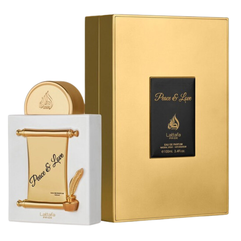 Luxury white and gold perfume bottle and box labeled Pride Peace & Love EDP by Arvella Fragrance luxury niche fragrance