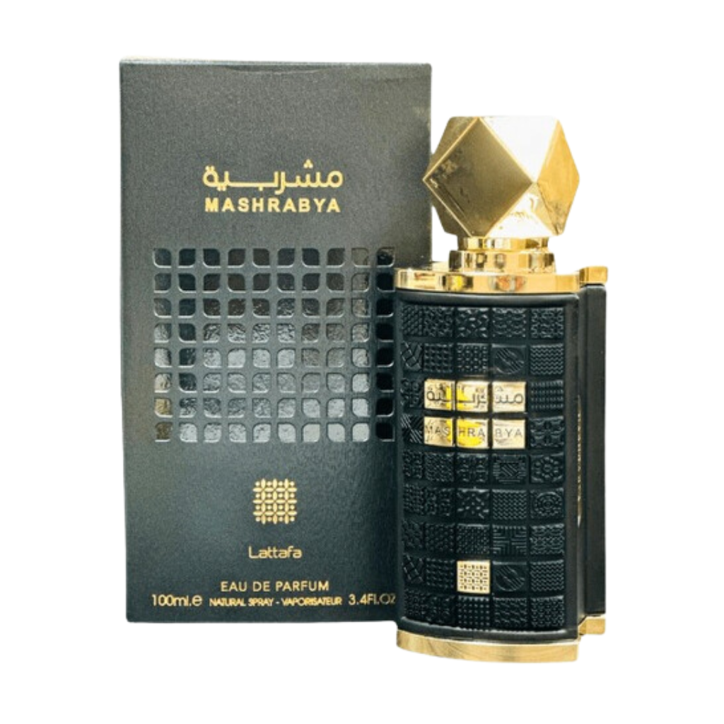 Mashrabya EDP perfume bottle with black and gold design beside matching black and gold box packaging