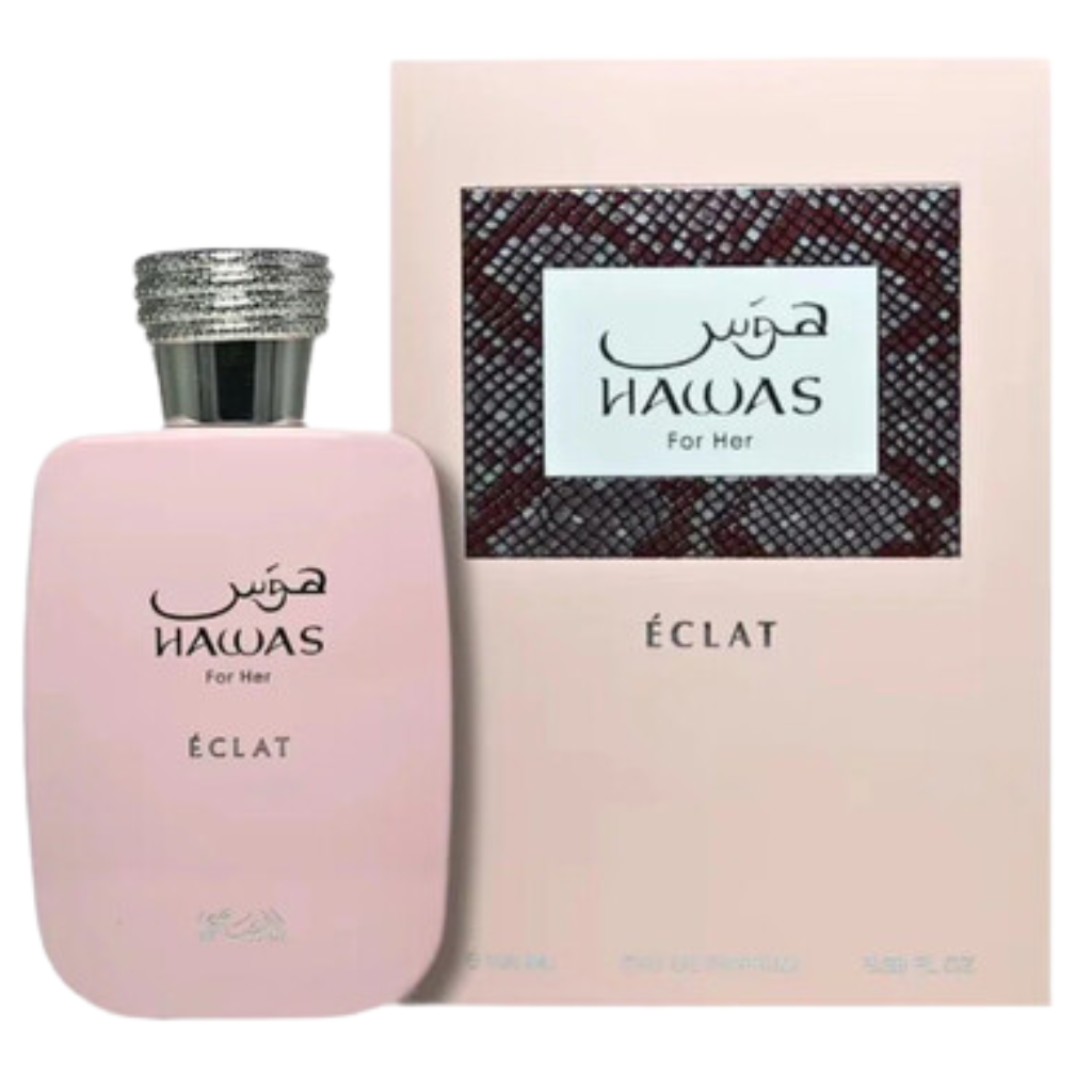 Hawas Eclat EDP perfume bottle and matching box in soft pink with silver textured cap and elegant branding