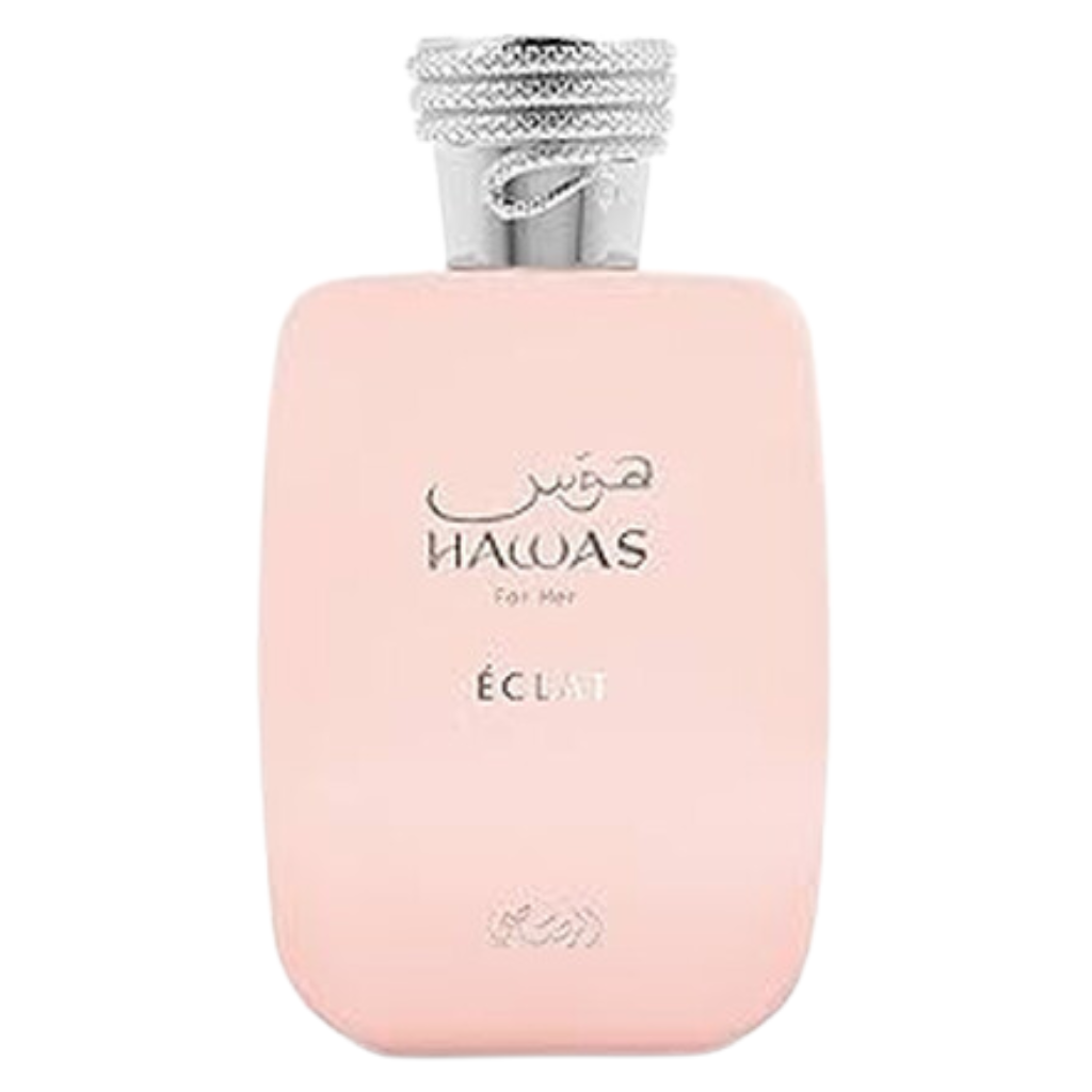 Hawas Eclat EDP perfume bottle in soft pink with intricate silver cap, elegant and minimalist design for men.