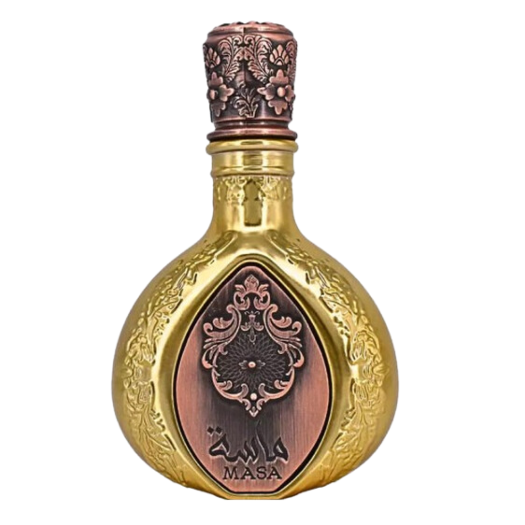 Pride Masa EDP in an ornate gold and copper decorative bottle with intricate floral engravings.