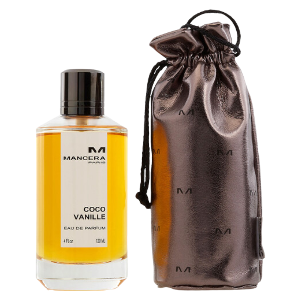 Coco Vanille EDP perfume bottle with amber liquid next to a shiny brown drawstring pouch for storage