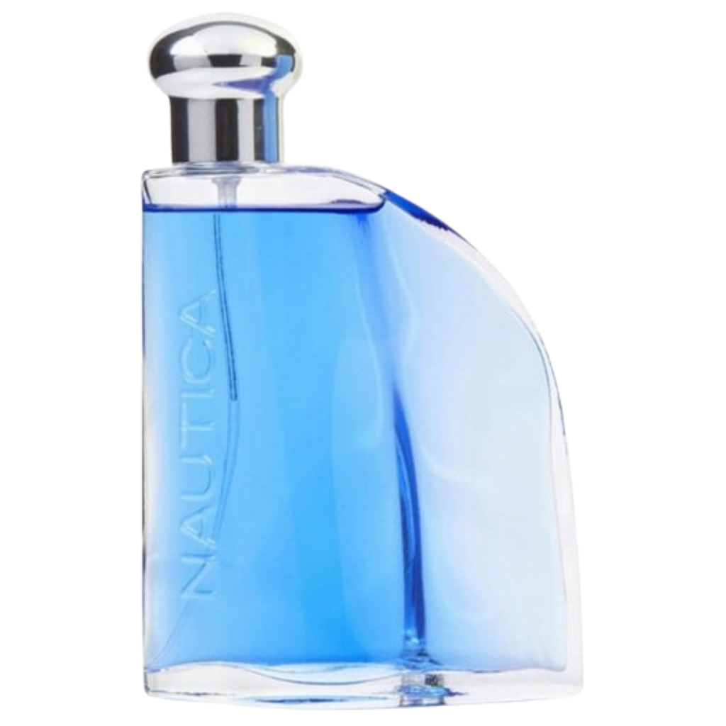Blue EDT fragrance bottle with sleek silver cap filled with vibrant blue liquid, elegant perfume decant design.