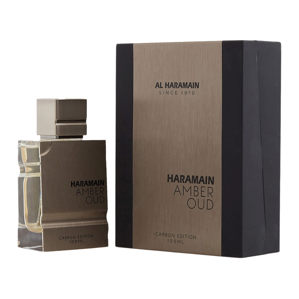 Luxury Amber Oud Carbon EDP perfume bottle and matching box with sleek metallic and black accents