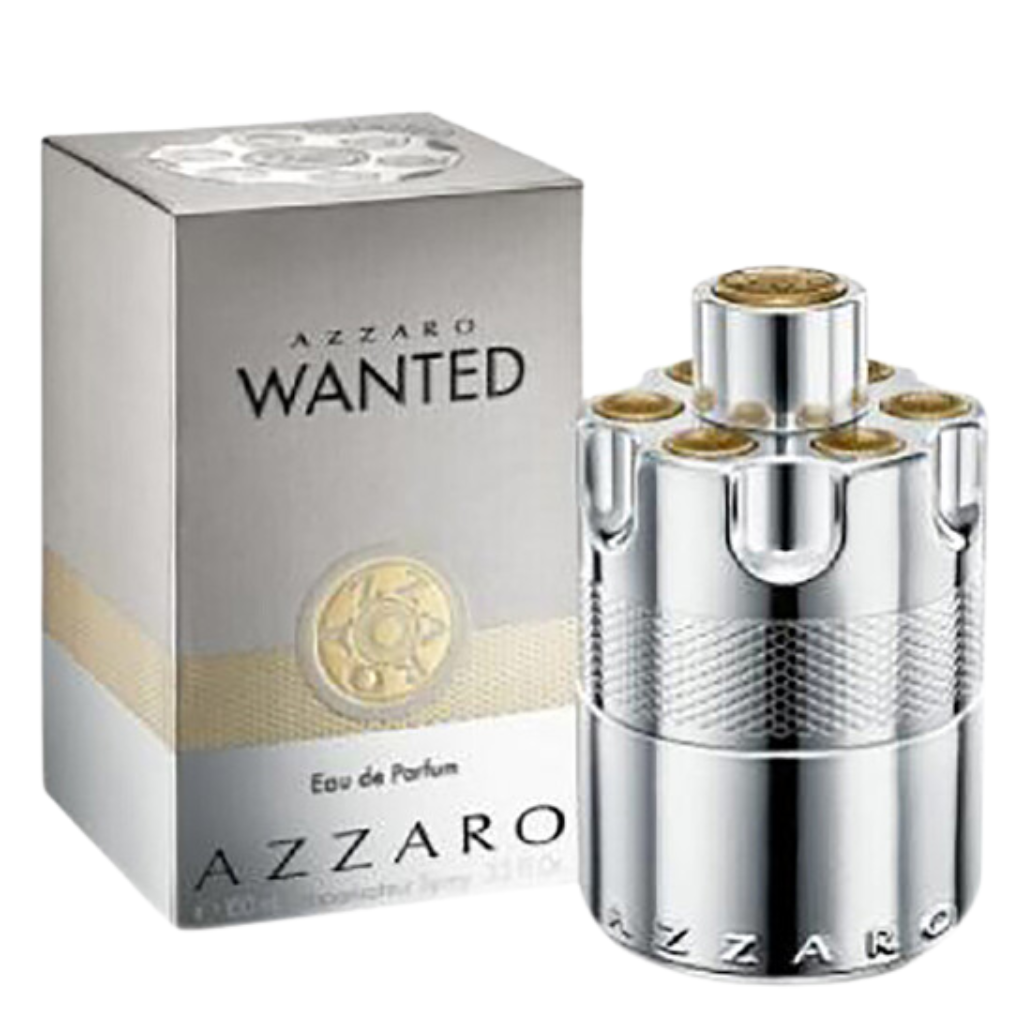 Silver revolver-inspired bottle next to gray and gold box of Wanted EDP fragrance perfume sample