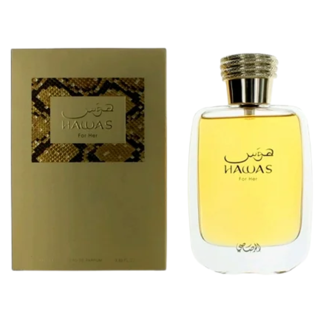 Hawas For Women EDP perfume bottle with gold-toned cap next to matching gold and snake-patterned packaging box