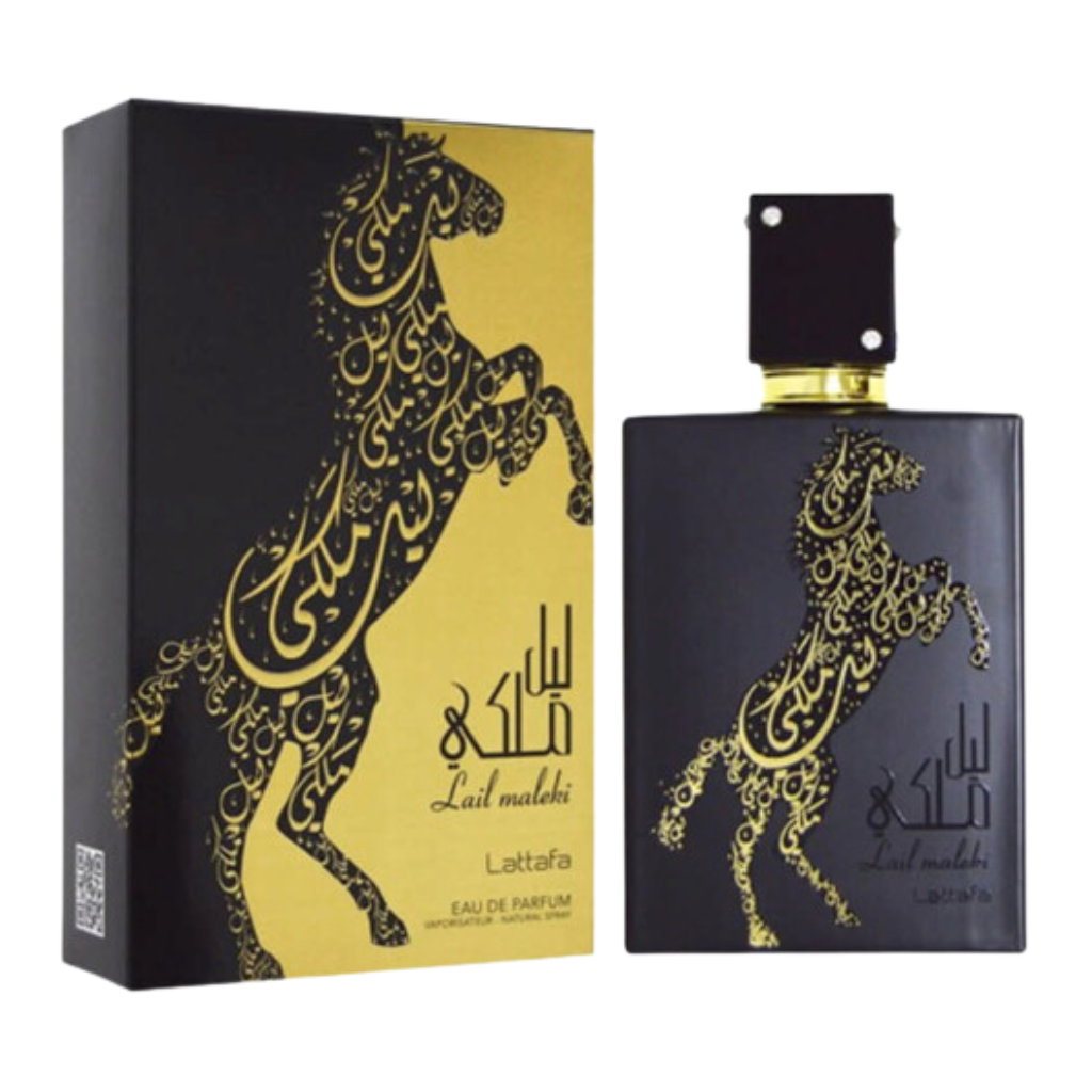 Lail Maleki EDP perfume bottle and box featuring elegant black and gold horse design with Arabic calligraphy.