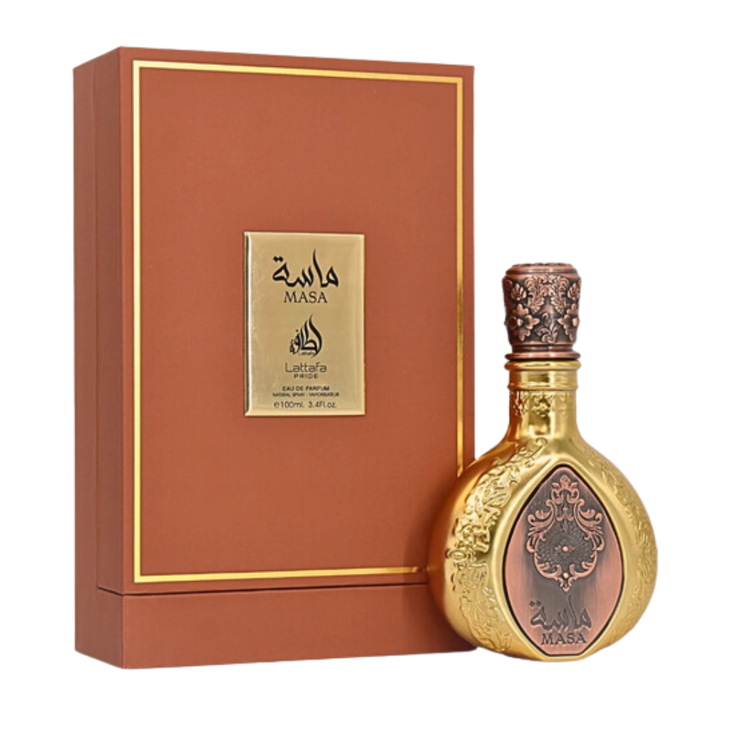 Elegant gold and brown bottle and box of Pride Masa EDP with intricate embossed detailing and decorative cap