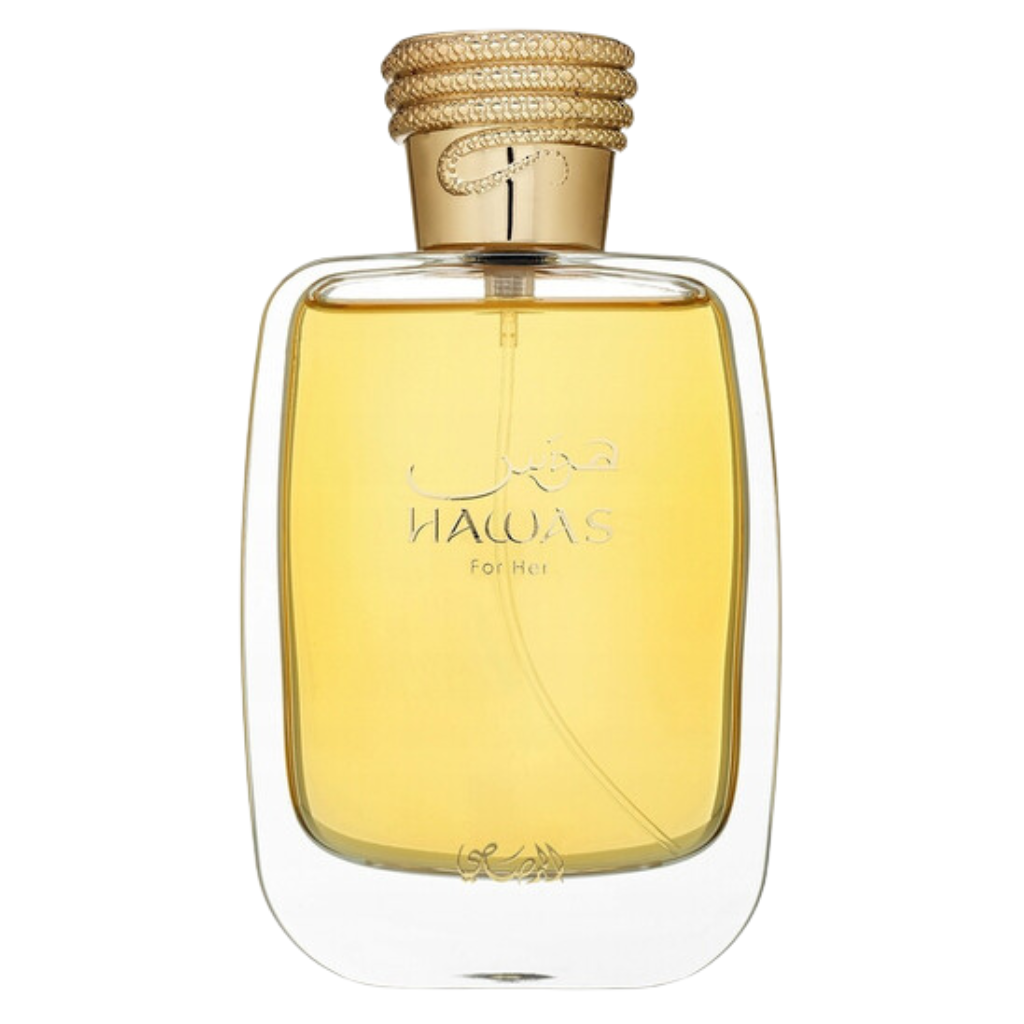 Elegant clear bottle with golden cap holding yellow Hawas For Women EDP fragrance, stylish and luxurious design.
