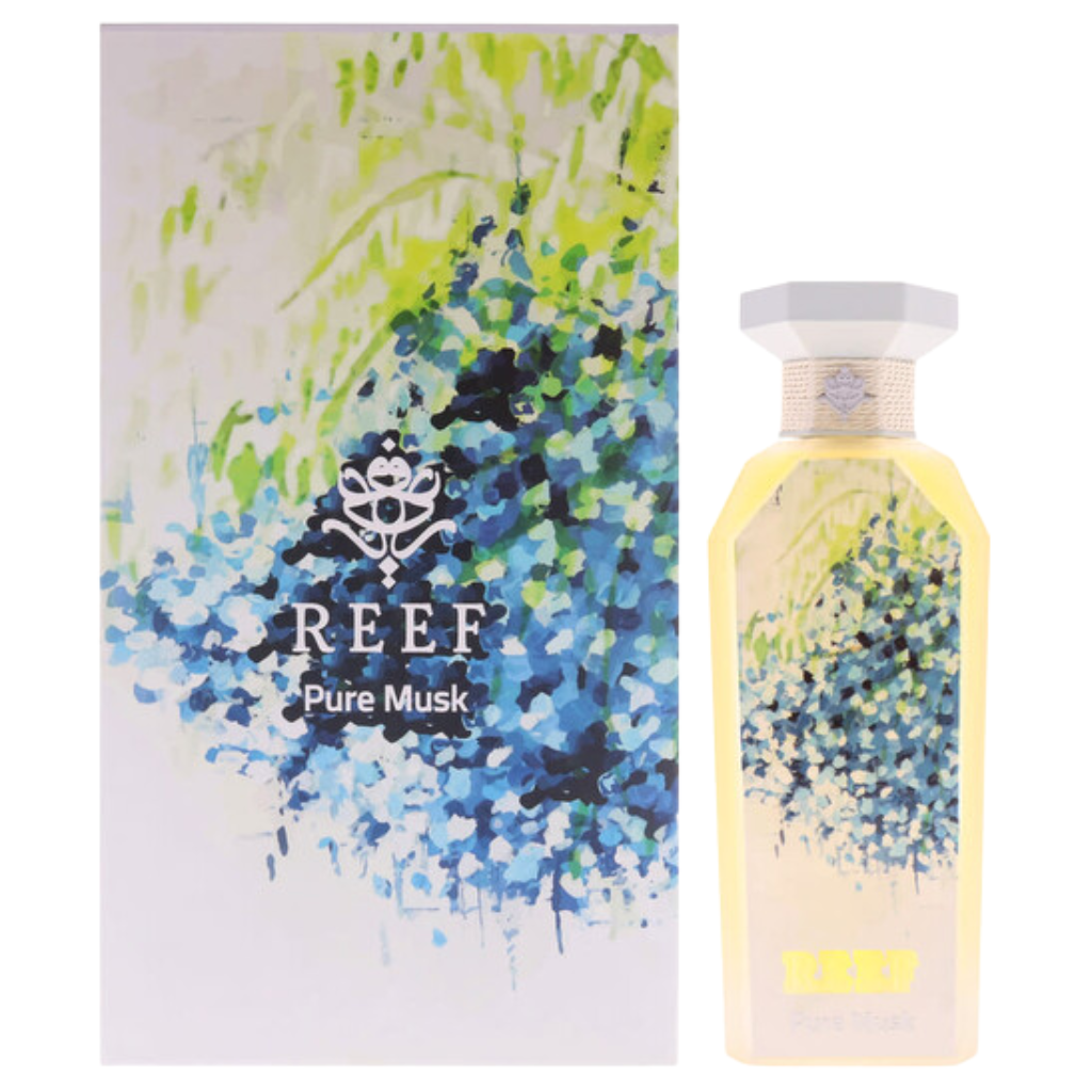 Pure Musk EDP perfume bottle and box with blue and green floral artistic design, luxury fragrance decant sample.