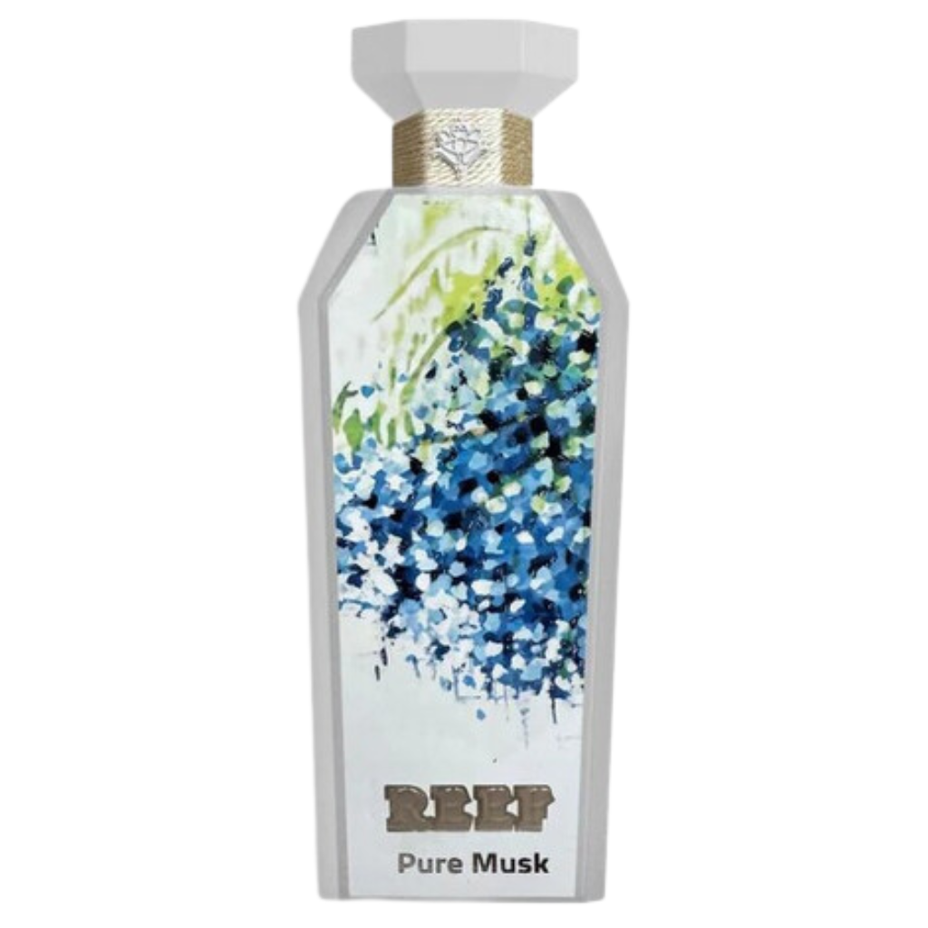 Pure Musk EDP perfume bottle with artistic blue and green floral design and elegant white cap