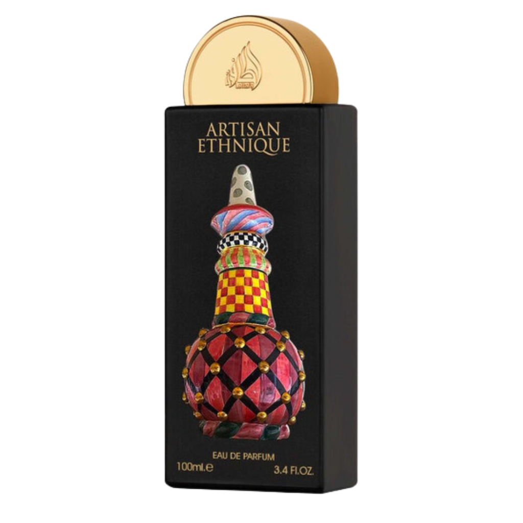 Black bottle with colorful artistic design and gold cap displaying Pride Artisan Ethnique EDP fragrance bottle.
