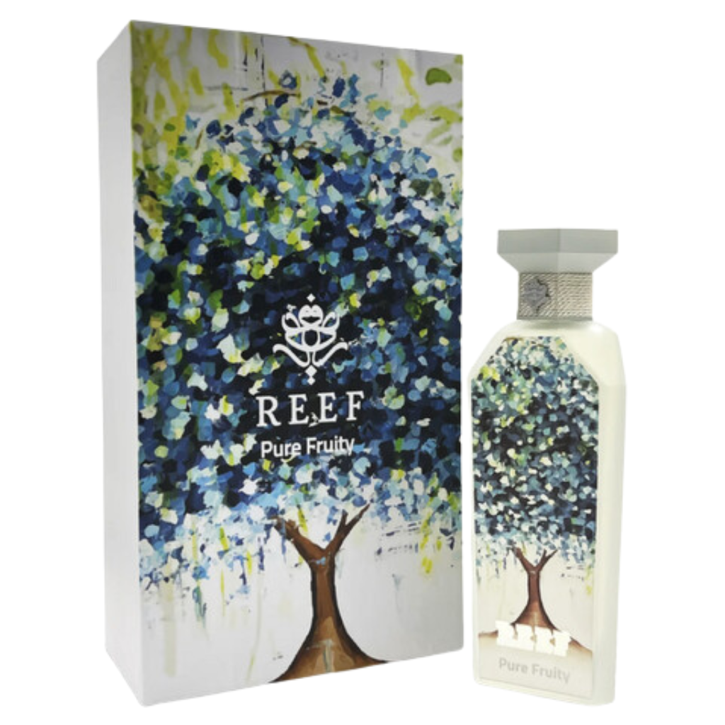 Elegant Pure Fruity EDP perfume bottle and box featuring artistic tree design with blue and green leaves