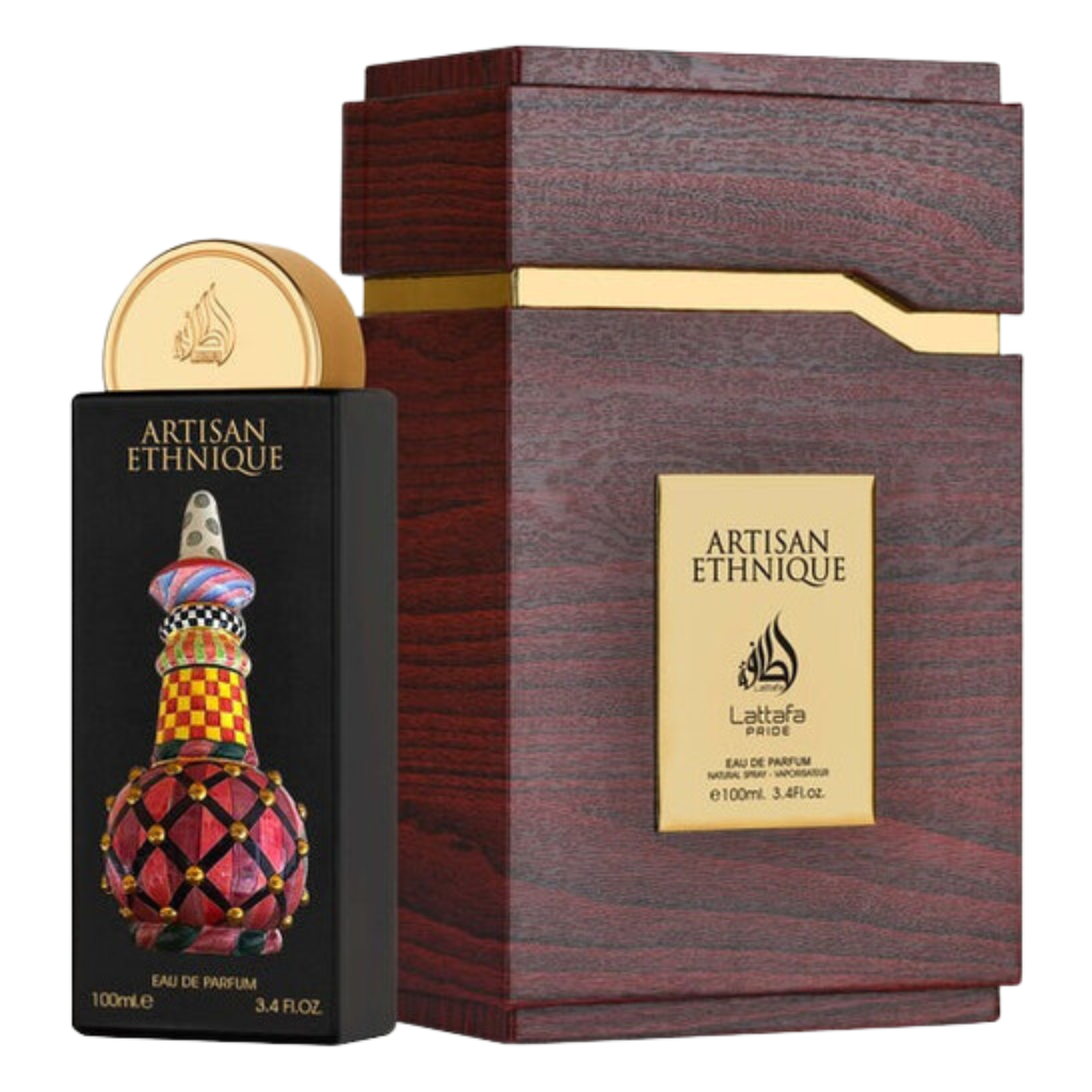 Pride Artisan Ethnique EDP black and colorful ornate bottle with wooden textured box luxury fragrance packaging