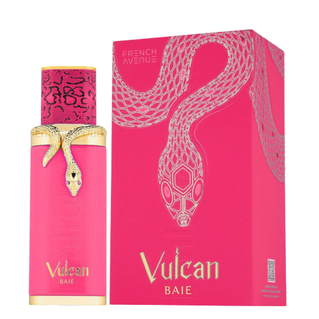 Vulcan Baie EDP with bright pink bottle and gold snake design next to matching packaging box in vibrant pink color