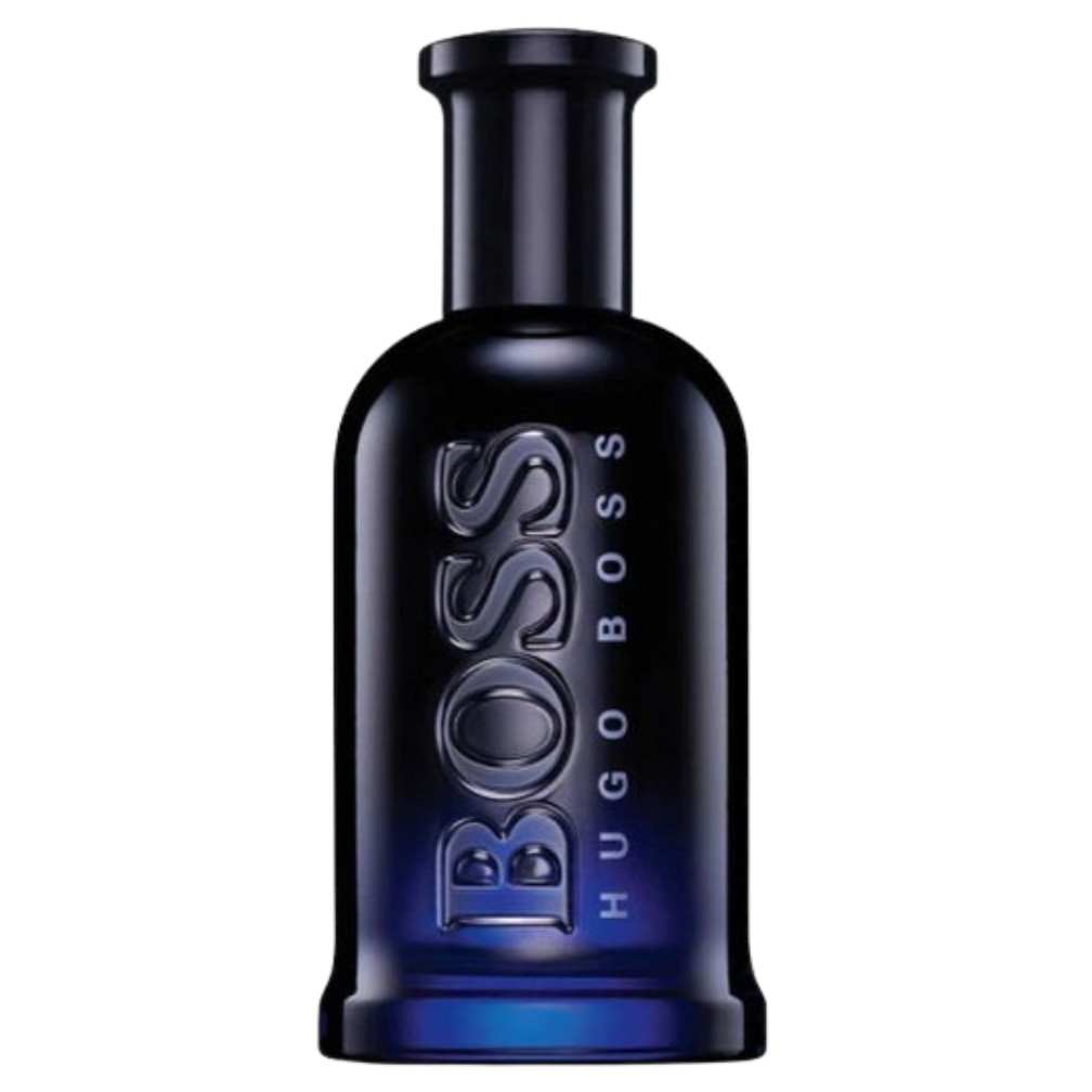 Boss Bottled Night EDT dark blue bottle with embossed BOSS logo by Hugo Boss on a white background