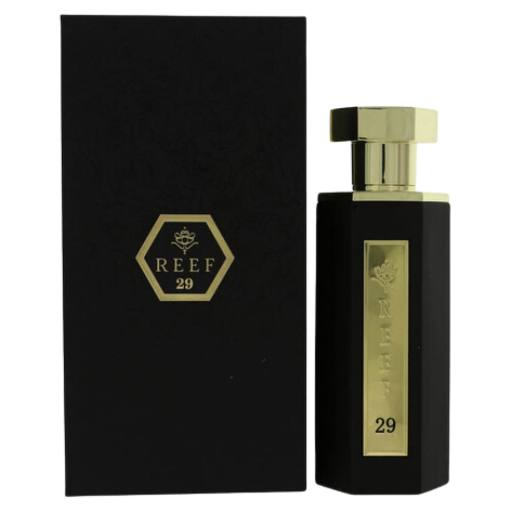 Elegant black and gold bottle with matching box of Reef 29 EDP luxury fragrance decant sample