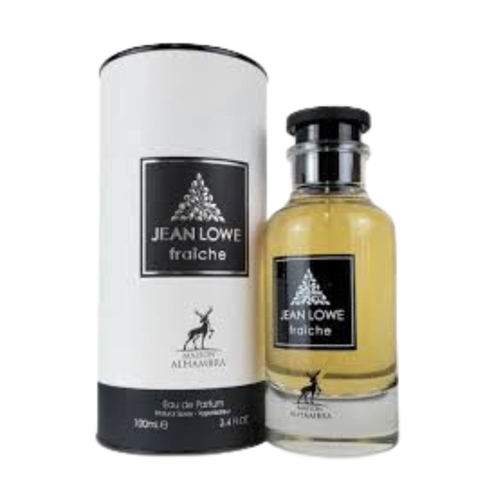 Jean Lowe Fraiche EDP perfume bottle with a black and white cylindrical box packaging on a white background