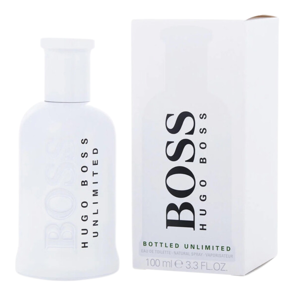 Boss Bottled Unlimited EDT white bottle and box, 100 ml natural spray cologne for men by Hugo Boss