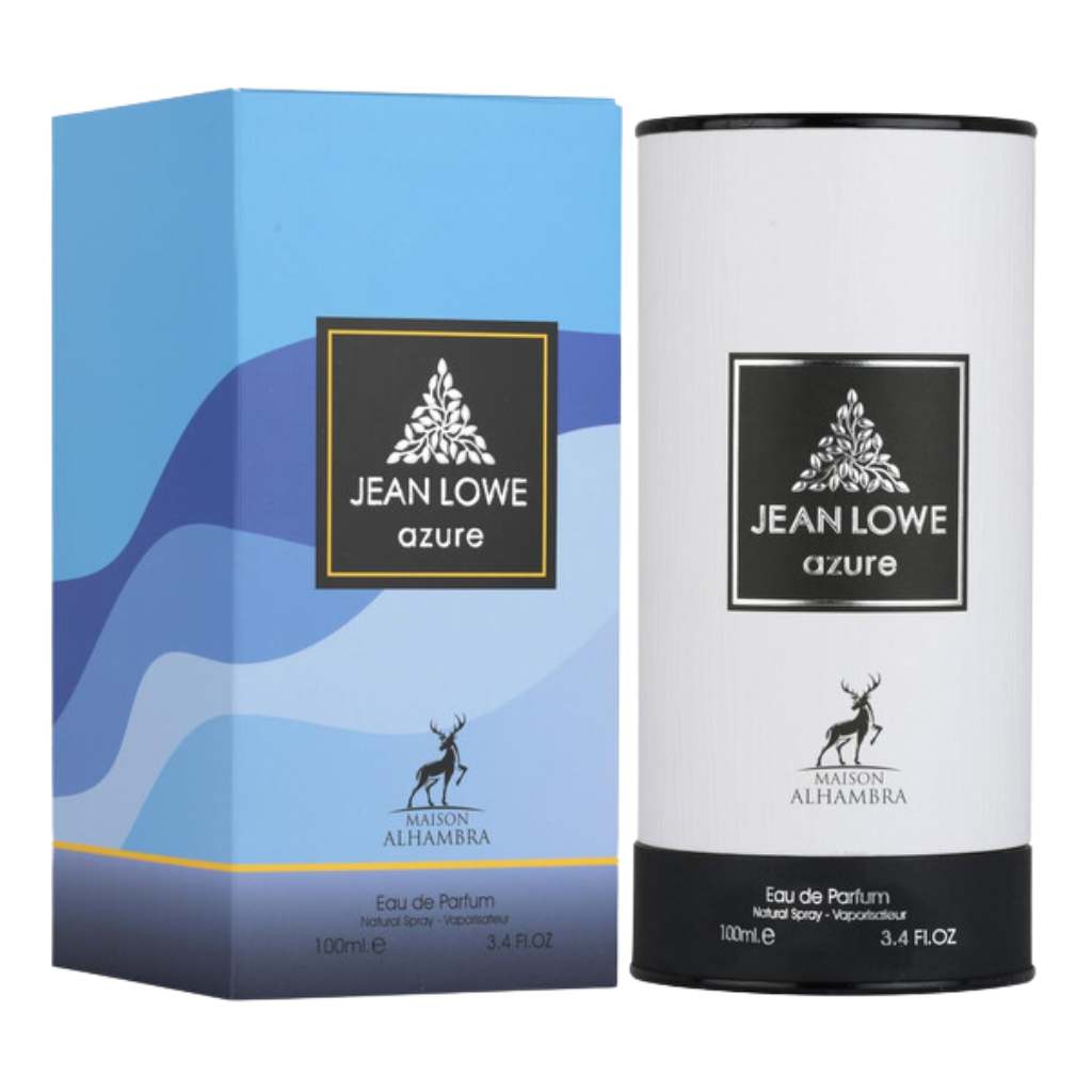 Jean Lowe Azure EDP fragrance packaging with blue box and white cylindrical container for niche perfume samples
